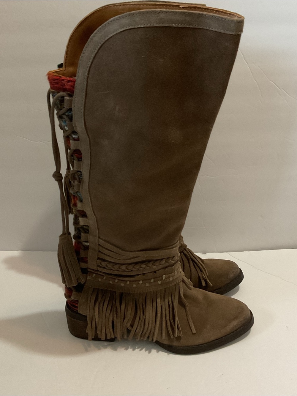 Naughty Monkey Zarape Chelsea Fringe Taupe Boho Suede Knee High 2” Boots Sz 7.5